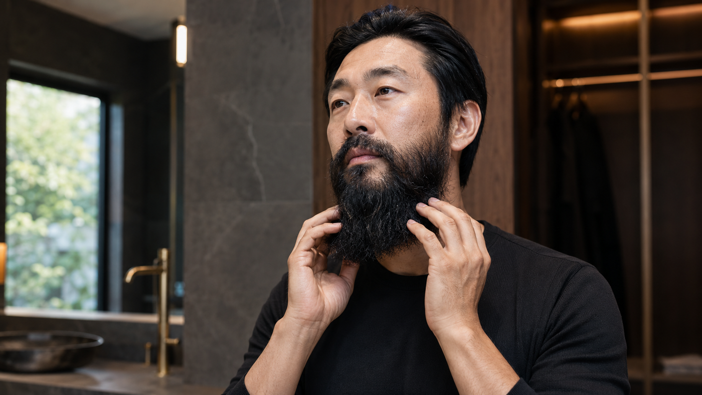 Man conditioning his full beard for improved softness, strength and natural shine.