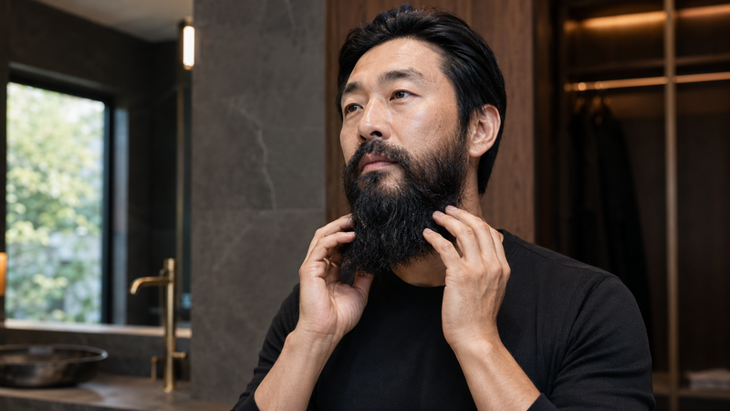 Man conditioning his full beard for improved softness, strength and natural shine.