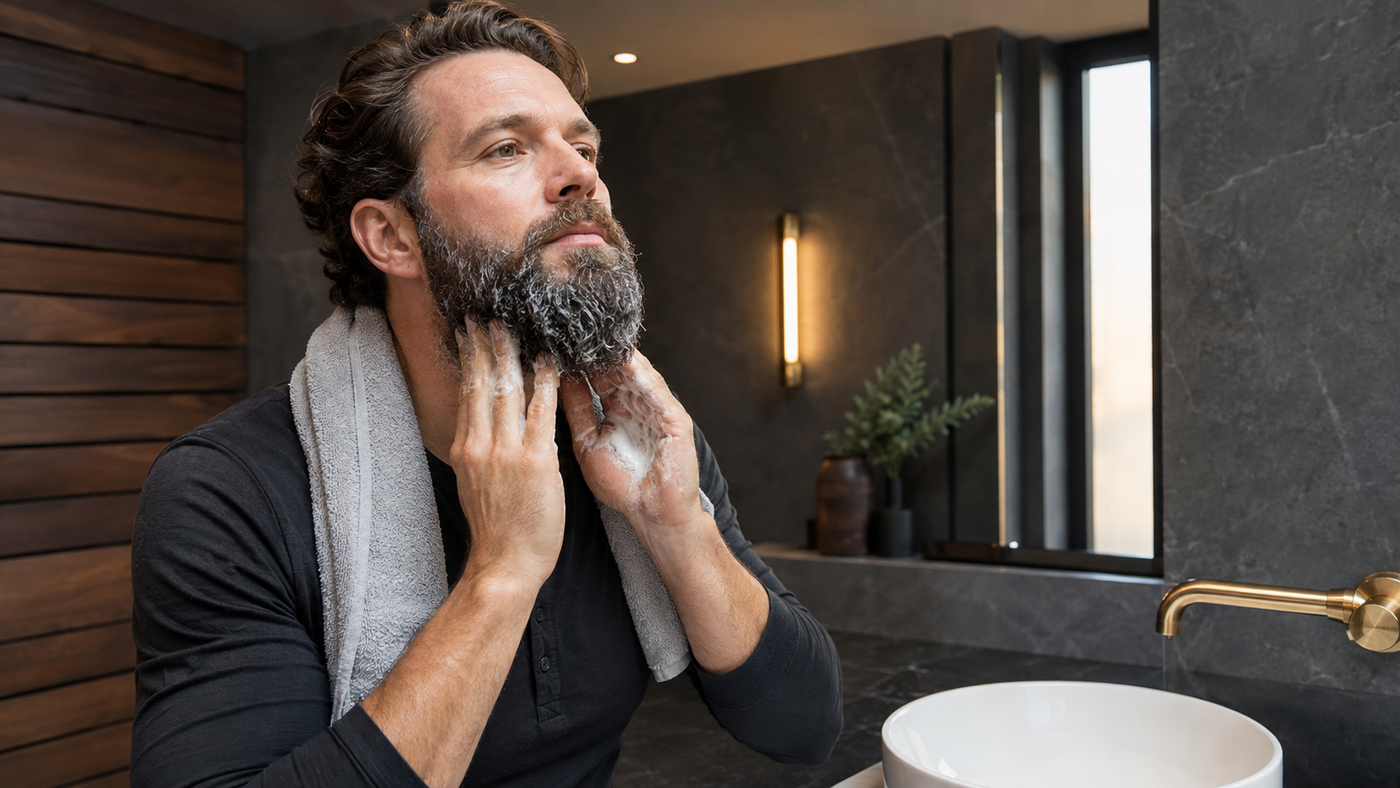 Man correctly washing his beard and cleansing the skin beneath at a bathroom sink