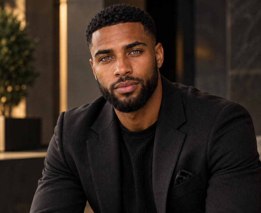 Portrait of a man with a neatly groomed beard wearing a black jacket