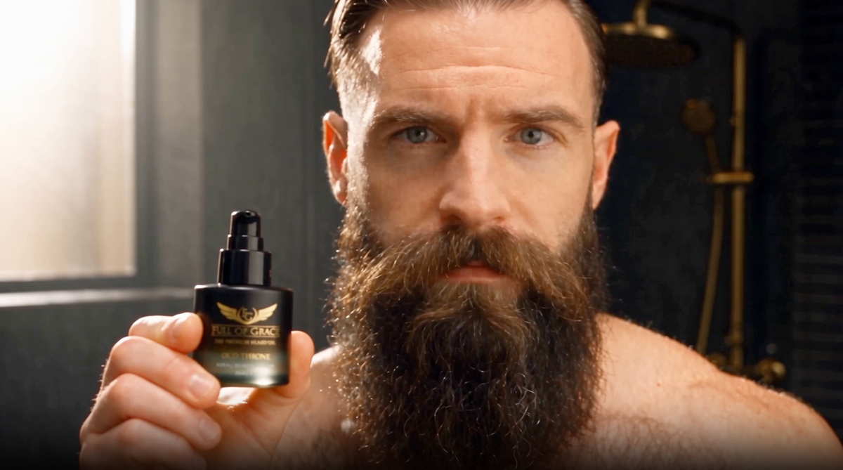 Beard oil application for facial hair and the skin beneath