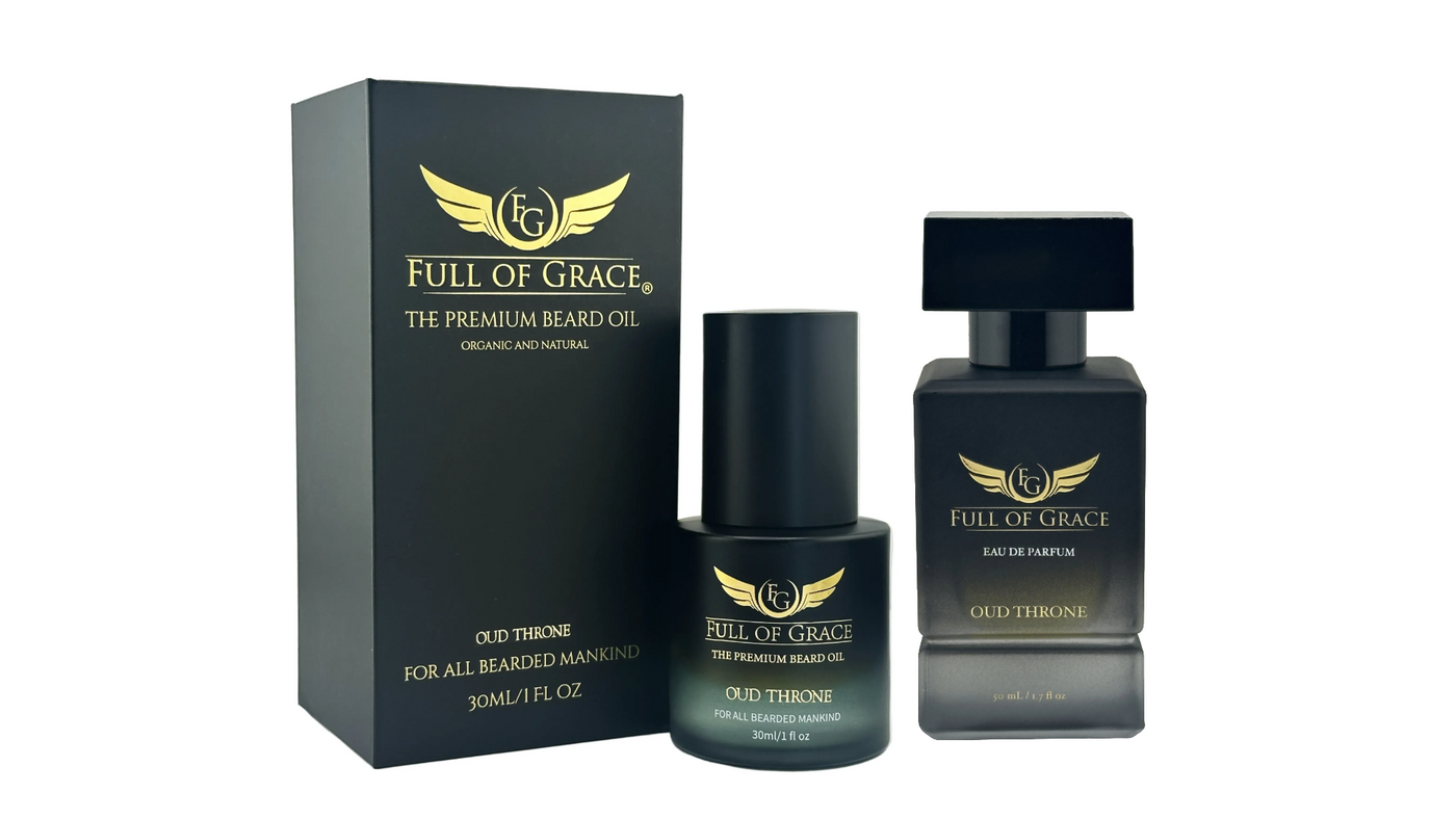 Full of Grace Oud Throne Beard Oil with its box beside Oud Throne Eau de Parfum, the matching beard oil and fragrance pair for layering