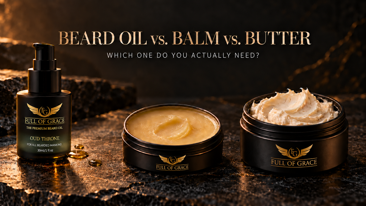 Beard oil bottle beside open jars illustrating beard balm and beard butter