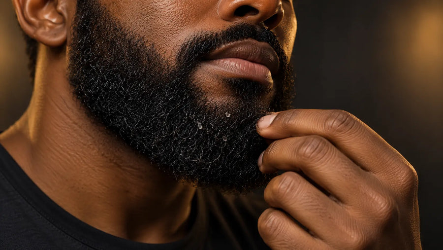 Black man examining visible dry flakes in his beard