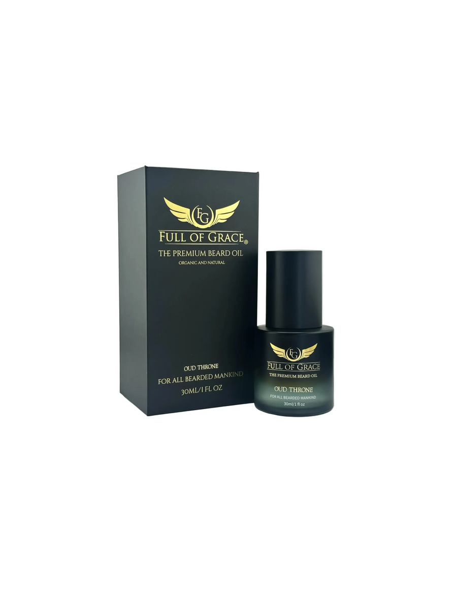 FULL OF GRACE Oud Throne Beard Oil bottle beside its black and gold box