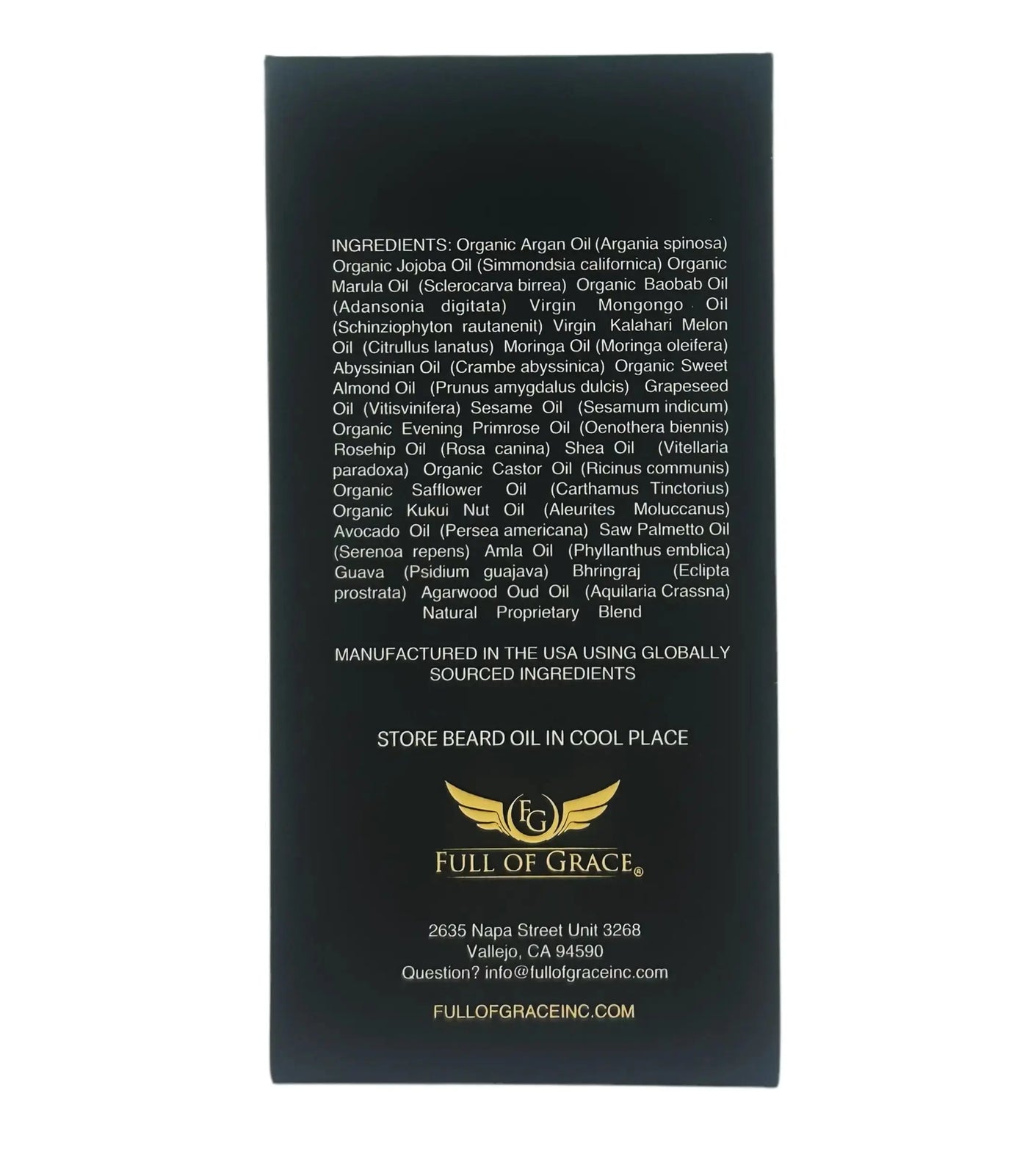Ingredient list on the back of Oud Throne beard oil box showing all 22 organic and natural oils