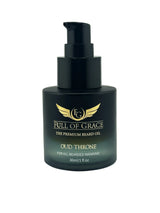 Oud Throne beard oil bottle with pump cap removed, showing amber glass and oil