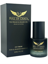 Oud Throne beard oil 30ml pump bottle by Full of Grace, made with organic and natural oils, front view