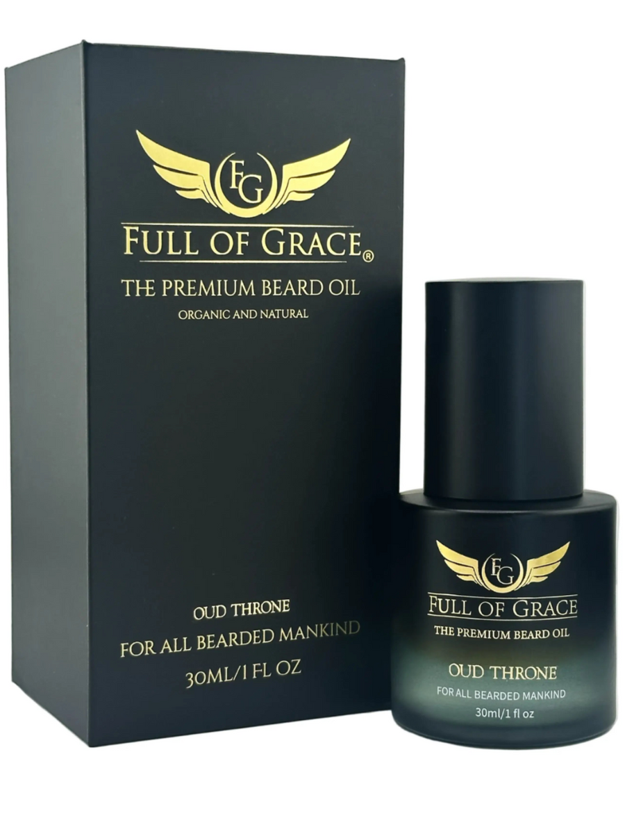 Oud Throne beard oil 30ml pump bottle by Full of Grace, made with organic and natural oils, front view
