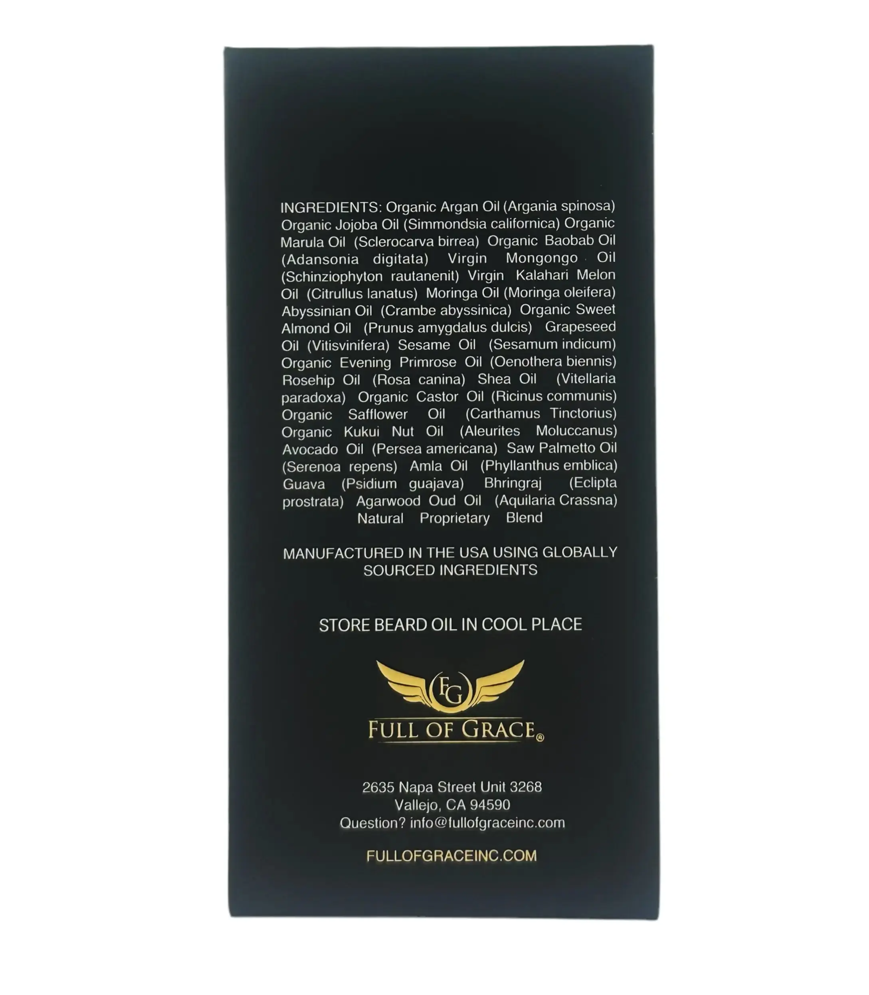 Back of Oud Throne Premium Beard Oil box showing ingredients